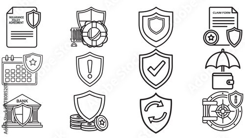 Insurance icon variations in black _ shield, policy and coverage symbols for risk and safety design