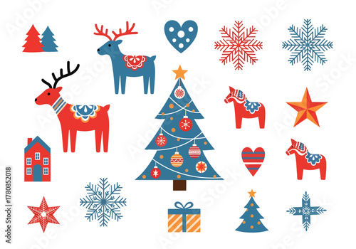 A collection of Scandinavian folk art style Christmas illustrations including reindeer, a tree, and snowflakes.