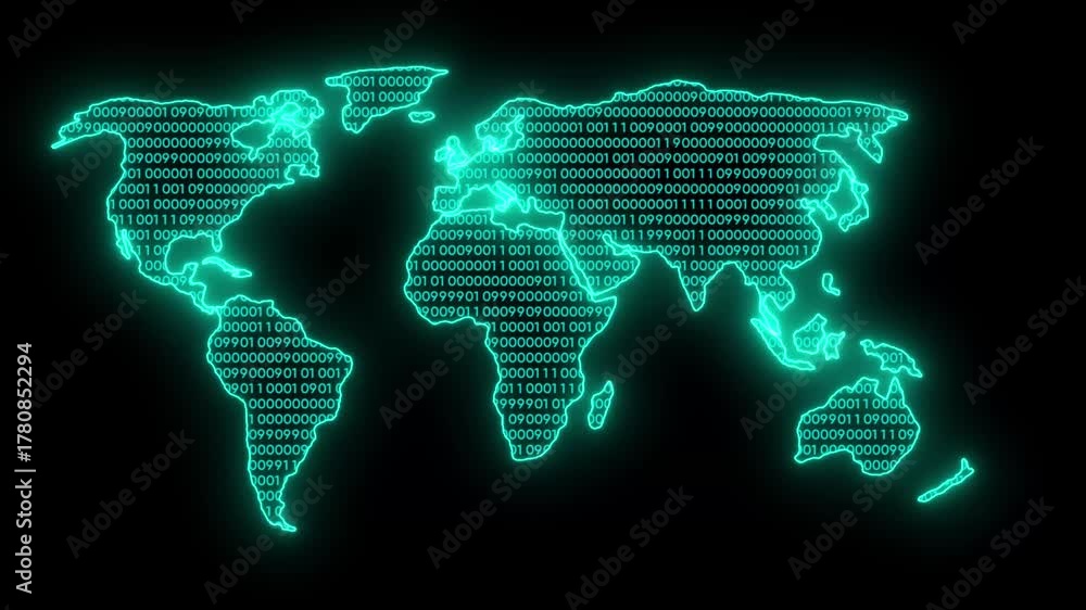 Digital technology world map binary code animation. A glowing cyan ...