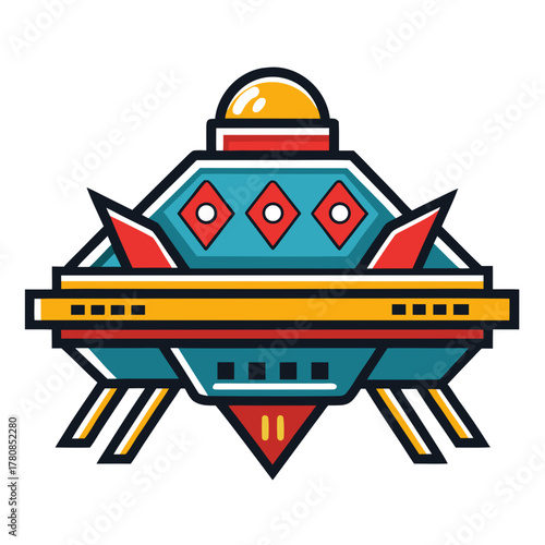 Retro futuristic UFO design brings a playful cosmic touch to any project, adding a sense of wonder and nostalgia with its vibrant colors and geometric style