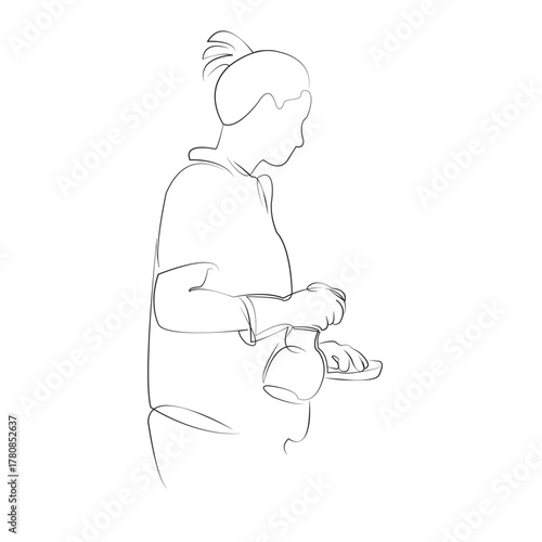 One continuous line drawing on white isolated background. Minimalism linear illustration. woman, person, cleaning, home, glove, work, cleaner, female, happy, smiling