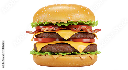 Delicious double cheeseburger with bacon lettuce and tomato on black background