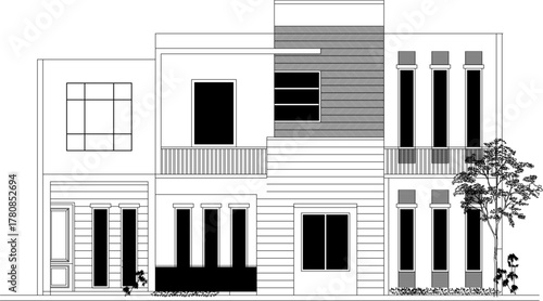 Vector drawing of a large, multi-story modern residential or commercial building elevation with strong vertical and horizontal elements. CAD.