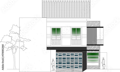 Vector drawing of a modern two-story house elevation with a stylish facade, texture details, and attached garage. Architectural CAD.