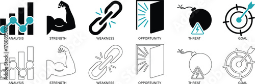 Flat vector icon set featuring strength, weakness, opportunity, threat, and goal concepts for strategic insight and business analysis. Perfect for corporate planning, marketing strategy, and project 