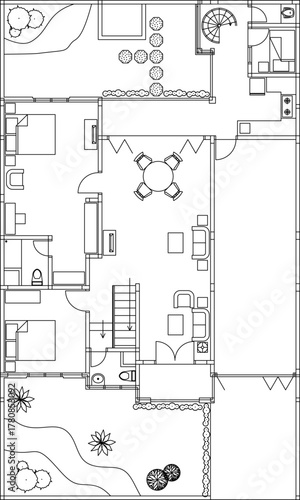 Detailed vector floor plan of a residential house with 3 bedrooms, furniture layout, stairs, spiral staircase, and garden areas. CAD drawing.