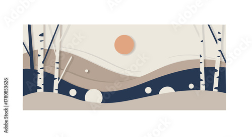 A serene minimalist paper cut illustration depicting a tranquil winter landscape with elegant birch trees and rolling snowy hills under a soft sun.