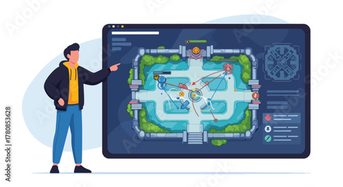 A man analyzing a detailed virtual game map on a large digital screen, demonstrating strategic planning and level design for immersive online gaming experiences