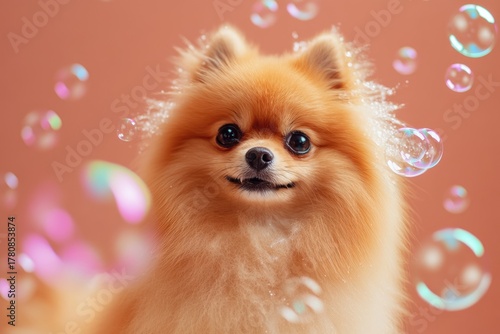 Adorable fluffy Pomeranian dog with colorful soap bubbles on warm background. Playful and joyful pet portrait, happiness and charm. For advertising, pet care, grooming, lifestyle, social media concept