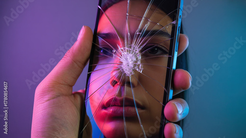 Young woman with dark hair holds a cracked smartphone in front of her face, reflecting emotions of frustration and vulnerability in a colorful ambient light setting