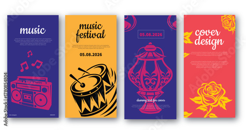 Set of Pop Art Vertical Poster Covers with Music, Festival, Culture, and Floral Themes