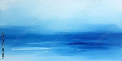 Blue summer sky and light clouds reflecting on the calm river water, creating a beautiful nature landscape horizon