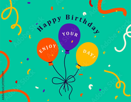 Happy birthday vector illustration. Birth greeting card, celebrate poster, banner with birthday balloon, confetti and serpentine in colorful minimalist lines