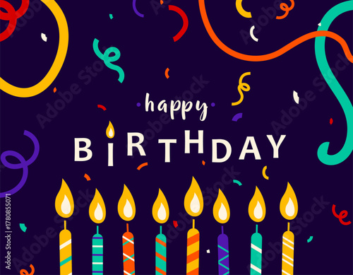 Happy birthday vector illustration. Birth greeting card, celebrate poster, banner with birthday candle, confetti and serpentine in colorful minimalist lines