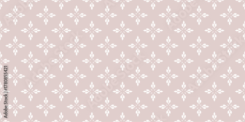 Subtle minimal floral ornament. Elegant vector geometric seamless pattern with small flowers, leaves. Simple minimalist oriental background texture. Light beige color. Repeated design for print, decor