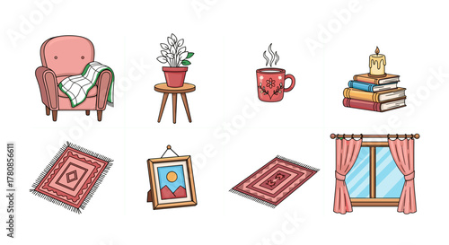 Cozy interior design illustration with armchair, rugs, window, books and other home decor elements