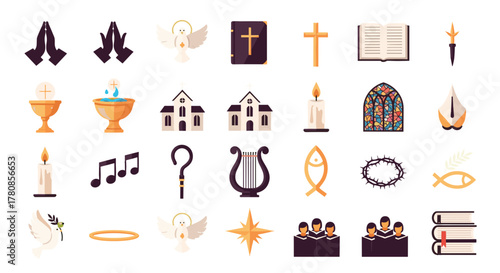 Christianity symbols vector set religion church bible cross angel holy spirit faith prayer worship salvation