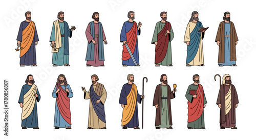 Illustrations of biblical figures in robes, a collection of religious characters in various poses and attire