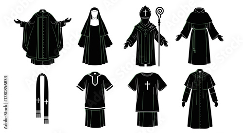 Explore catholic clergy attire vector illustration featuring various religious garments and vestments