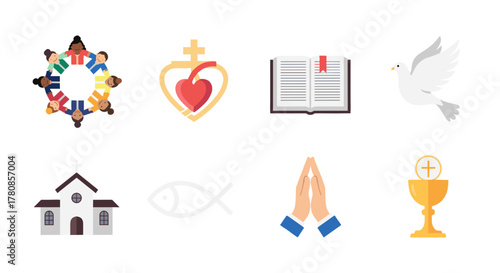 Religion faith symbols christianity spiritual icons church bible dove communion prayer group sacred heart isus