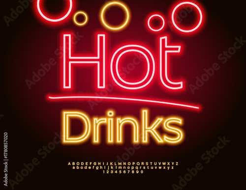 Vector Neon sign Hot Drinks. Trendy Yellow glowing Font. Bright Illuminated Alphabet Letters and Numbers set