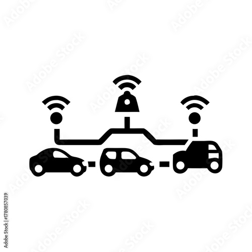 Illustration of connected autonomous vehicles communicating via wireless network system setup shown