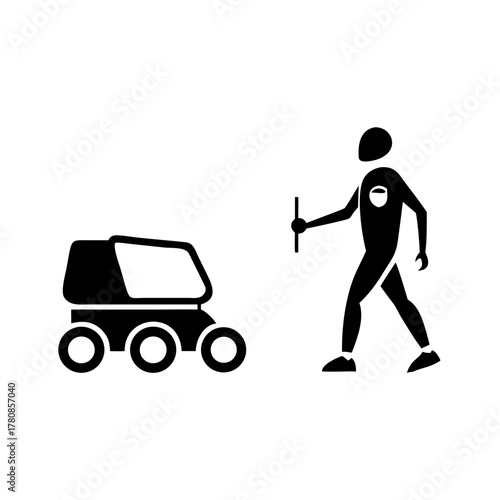 Silhouette of a person walking with a stick and a rover on a white background in a simple illustration