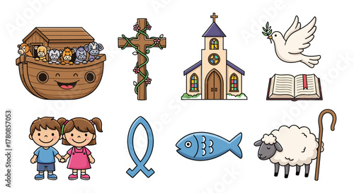 Christianity symbols illustration set of religious elements including ark cross church and more icons
