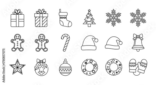 Outline christmas holiday vector icons set for winter celebration and new year decorative elements design