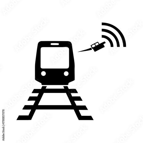 Illustration of a train on tracks with a signal transmitter above it in black and white design style