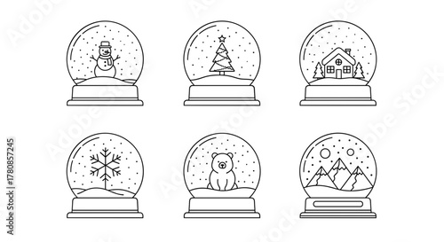 Collection of winter snow globe illustrations featuring snowman, christmas tree, house and mountains design