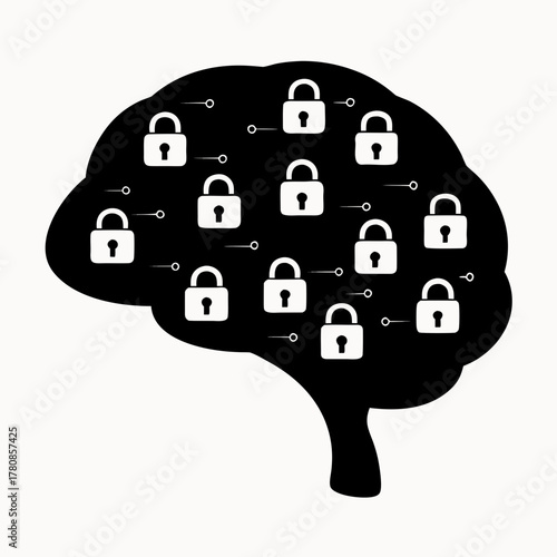Illustration of a black brain silhouette filled with white lock icons connected by lines and circles