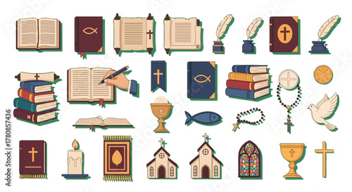Christianity symbols vector illustration of religious items and church elements for graphic design use
