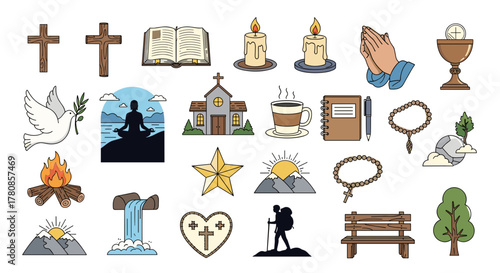 Christian faith symbols vector illustration including church bible prayer and religious elements design