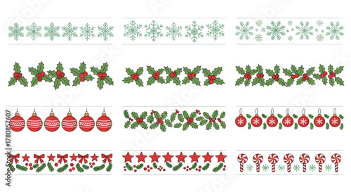 Christmas holiday borders with snowflakes holly ornaments stars and candy canes festive decoration design