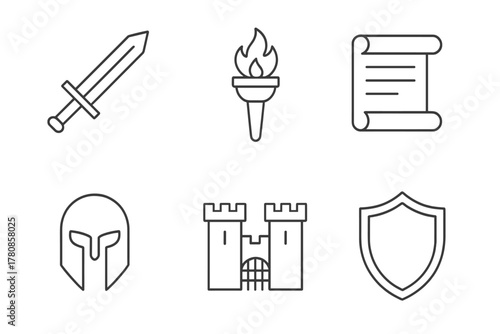 Various icons depicting medieval elements such as a sword, torch, scroll, helmet, castle, and shield on a simple background