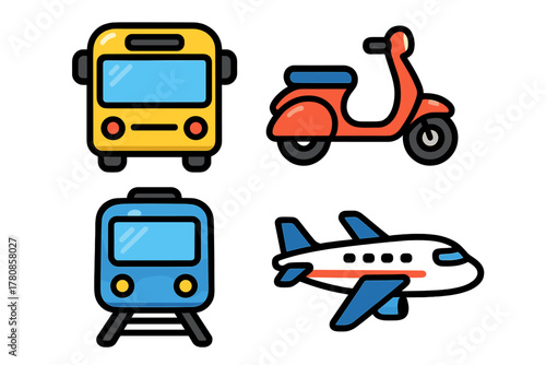 Various modes of transportation including a bus, scooter, train, and airplane in a colorful illustration