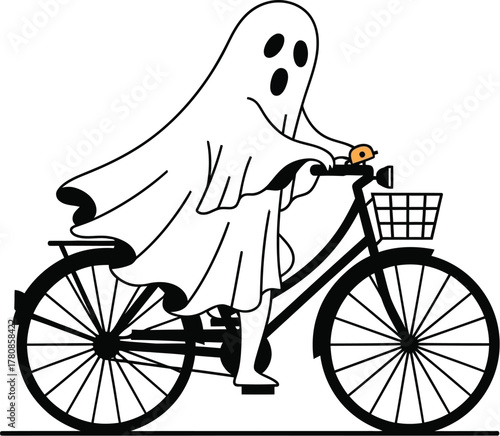 Cute ghost riding bicycle isolated on white background for halloween