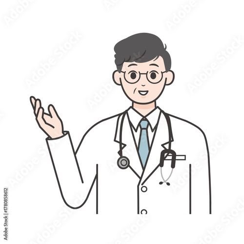笑顔で案内する男性医師のイラスト