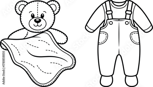 Teddy bear with blanket, baby outfit sketch, black and white illustration, cartoon style, infant clothing template, vector line art, cute design