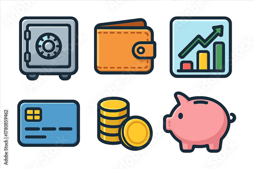 Various icons representing finance tools and concepts including a safe, wallet, credit card, coins, and a piggy bank