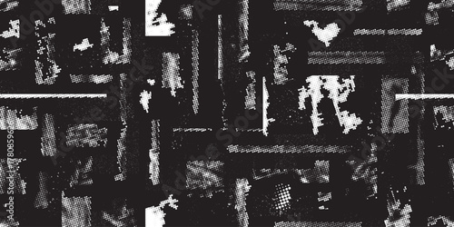 Glitch distorted grungy abstract forms . Halftone dots seamless pattern texture. Grange shapes .Grunge textured . Vector shapes with half tone dots .Screen print endless pattern texture