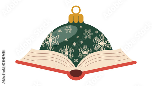 Holiday Reading Delight: A festive illustration of a decorative holiday ornament nestled within an open book, symbolizing the joy of reading during the holiday season.