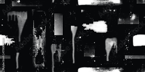 Glitch distorted grungy abstract forms . Halftone dots seamless pattern texture. Grange shapes .Grunge textured . Vector shapes with half tone dots .Screen print endless pattern texture