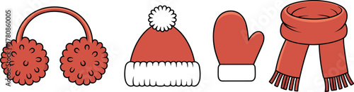 Winter accessories cartoon set, earmuffs, hat, mitten, scarf, red and white color, seasonal clothing, vector illustration, white background