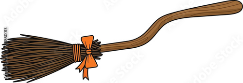 Cartoon witchs broom with an orange bow isolated on white background