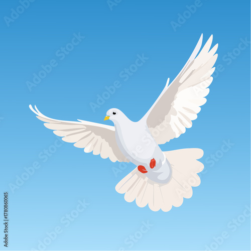 A single, pristine white dove is released, flying upward against a vast, clear, gentle blue sky.
