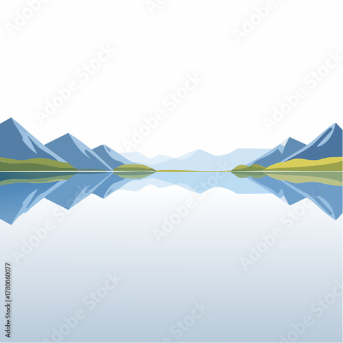 A quiet, perfectly smooth body of water reflects an unbroken, symmetrical line of distant mountains.