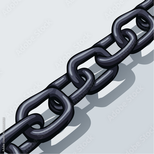 A heavy, matte black chain is meticulously disassembled, each link resting individually on a white surface.