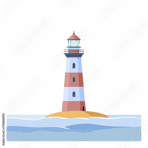 A miniature, ancient lighthouse stands watch over a completely flat, silent, fog-covered ocean surface.